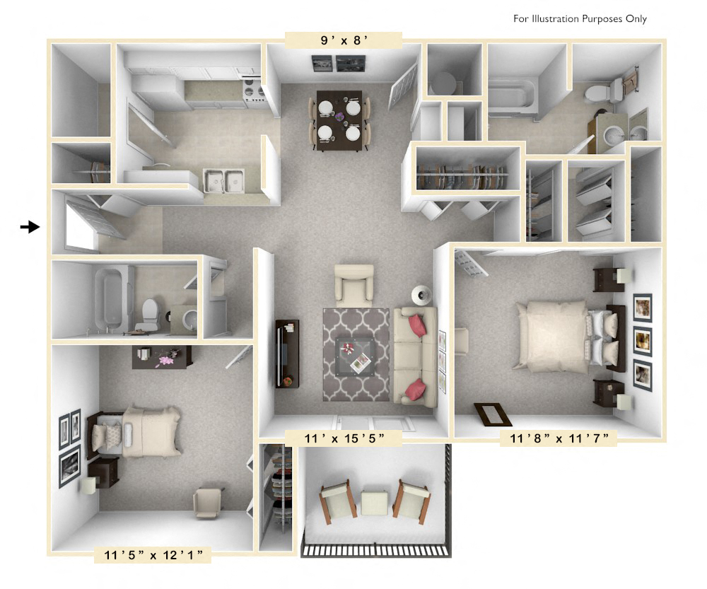Floor plan for 2 beds, 2 baths, 950 sqft